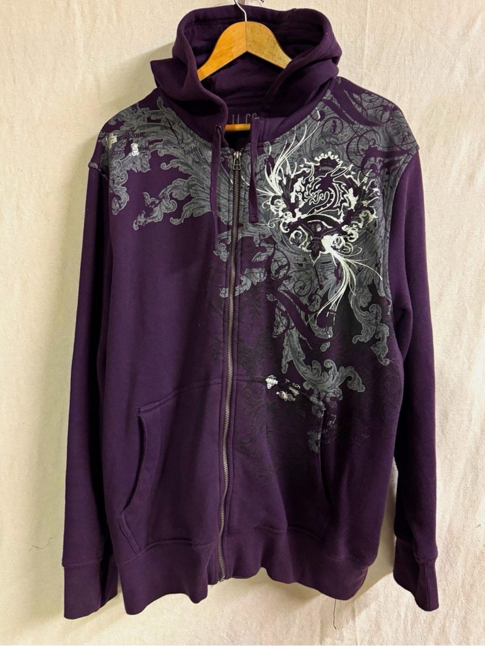 LL Cool J Purple Full Zip Graphic Hoodie Size L Silver Ornate Print Y2K
